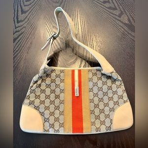 Vintage Gucci GG Jackie Bag Monogram Beige Leather Red Stripe Missing Clasp